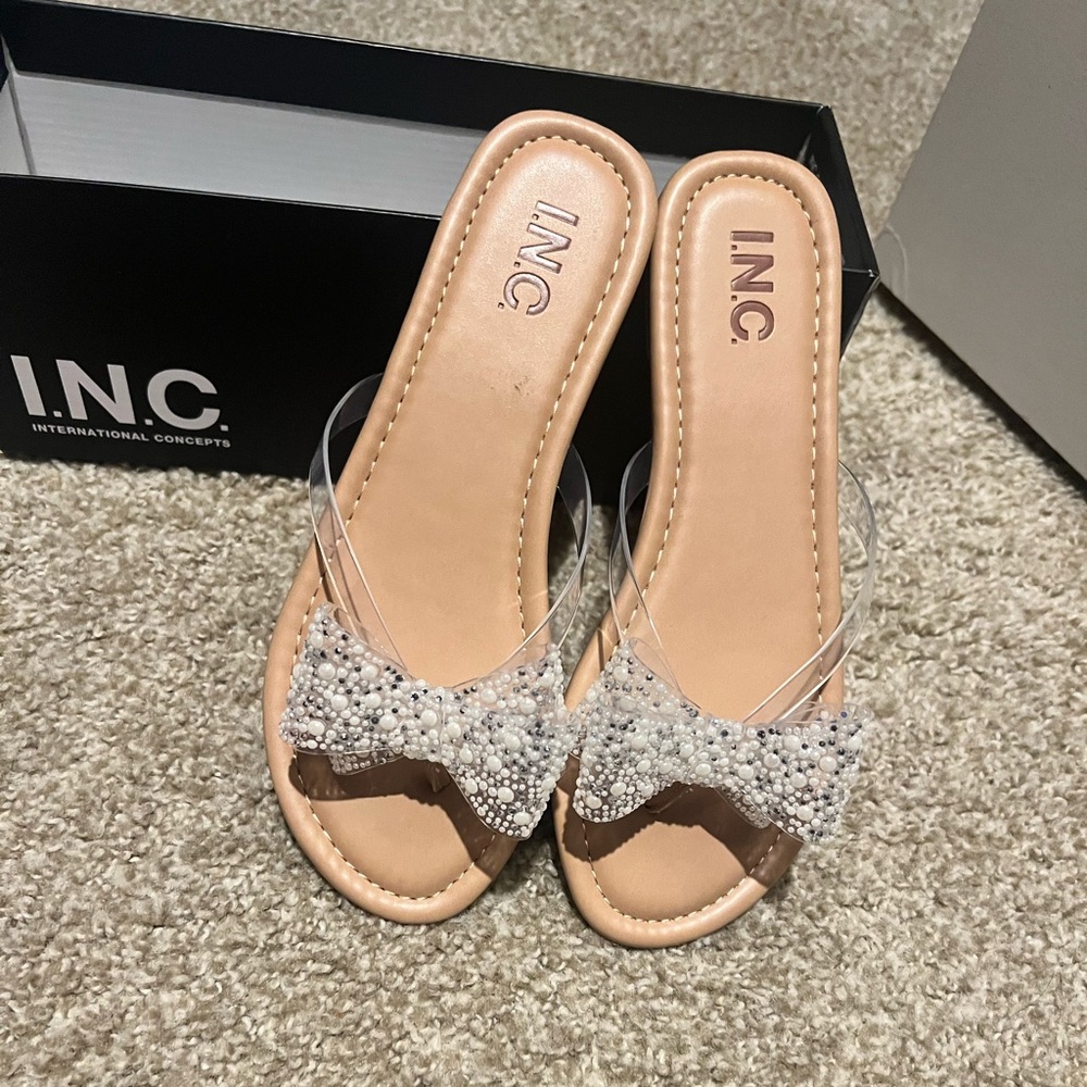 INC International Concepts Women's Sandals with Beaded Bow - Cream and Silver